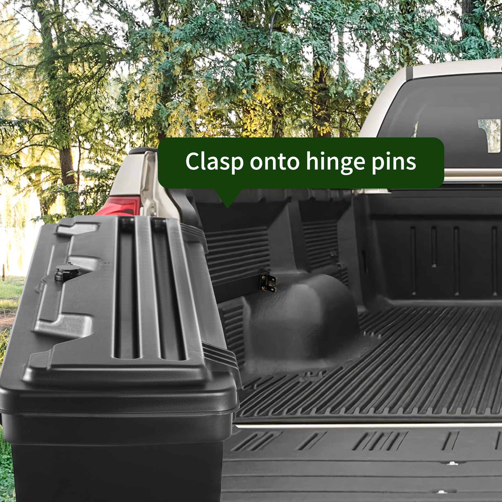 VEVOR truck bed storage box clasping onto hinge pins with a green forest backdrop.