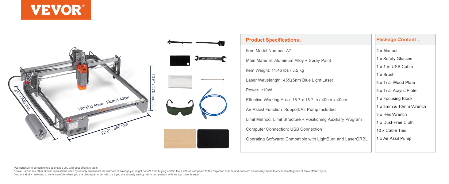Incisore laser VEVOR con telaio in lega di alluminio, occhiali di sicurezza, cavo USB e vari accessori inclusi.