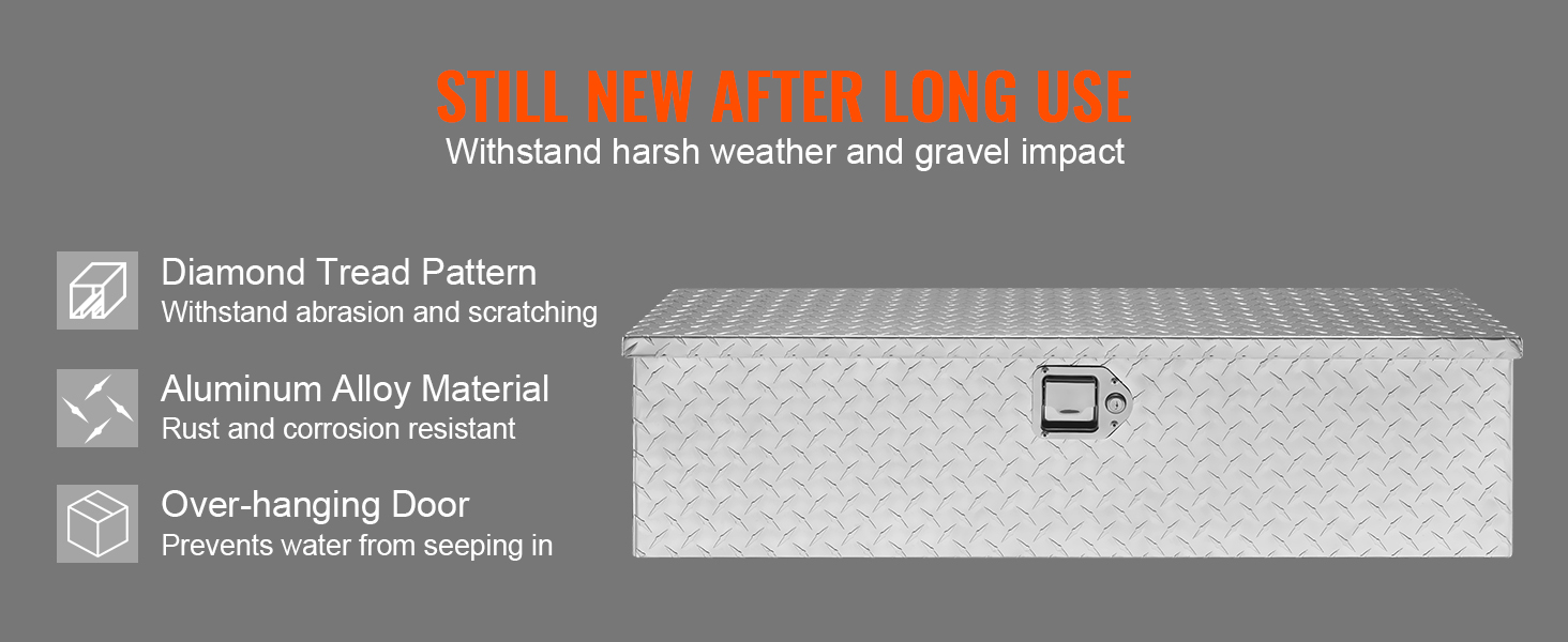 VEVOR truck bed tool box with diamond tread pattern, aluminum alloy material, and over-hanging door.