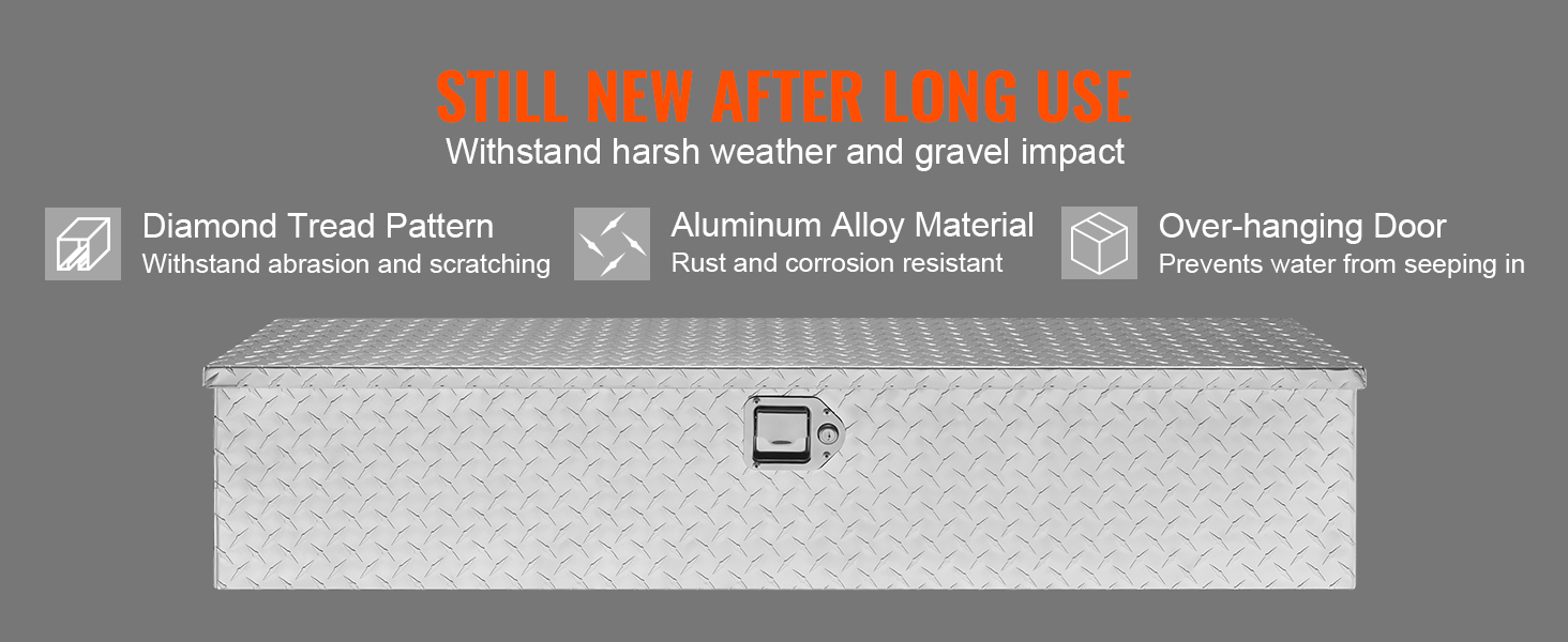 VEVOR truck bed tool box with diamond tread pattern, aluminum alloy material, and over-hanging door.