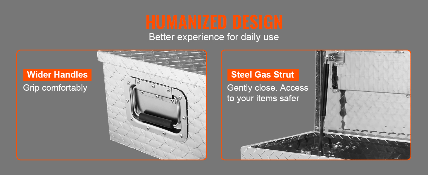 steel gas strut and wider handles on VEVOR truck bed tool box for daily use.