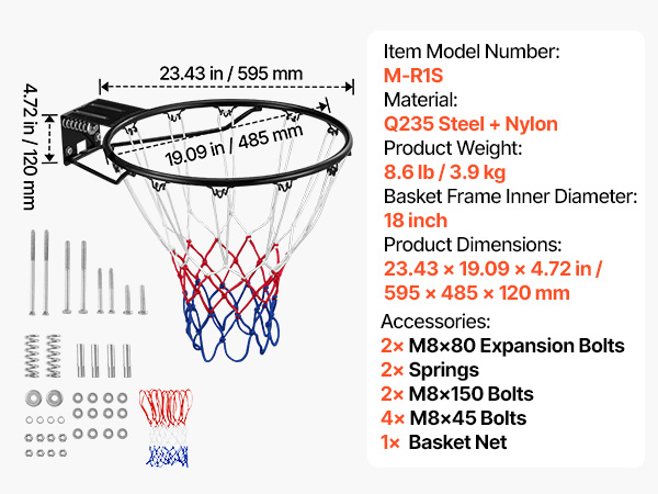 VEVOR Basketball Rim, Wall Door Mounted Basketball Hoop, Heavy Duty ...