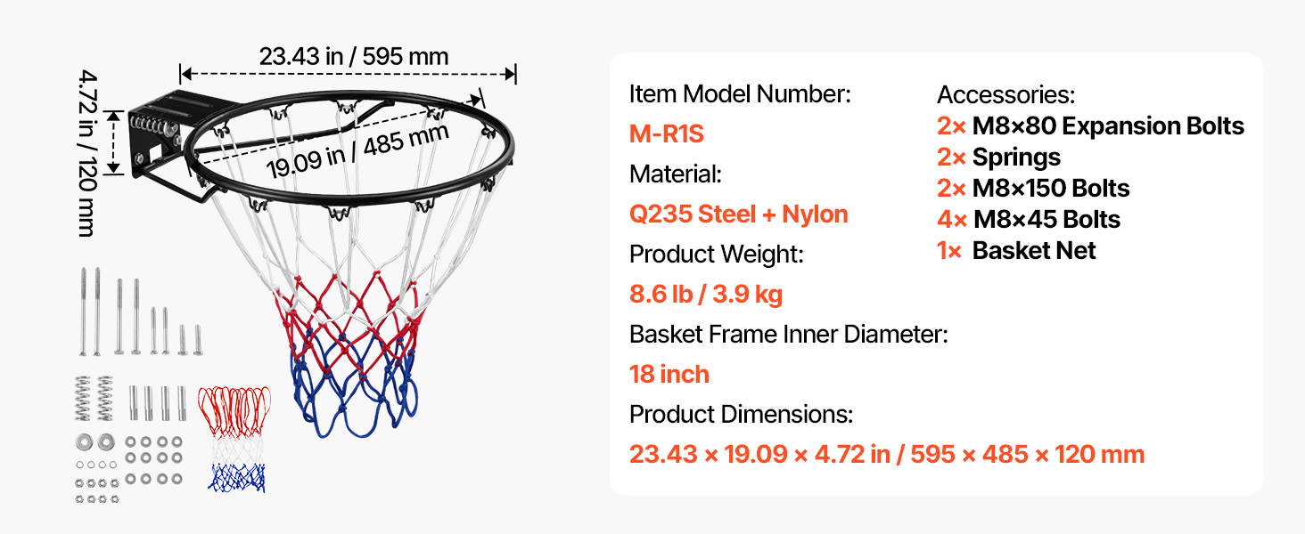 VEVOR Basketball Rim, Wall Door Mounted Basketball Hoop, Heavy Duty ...