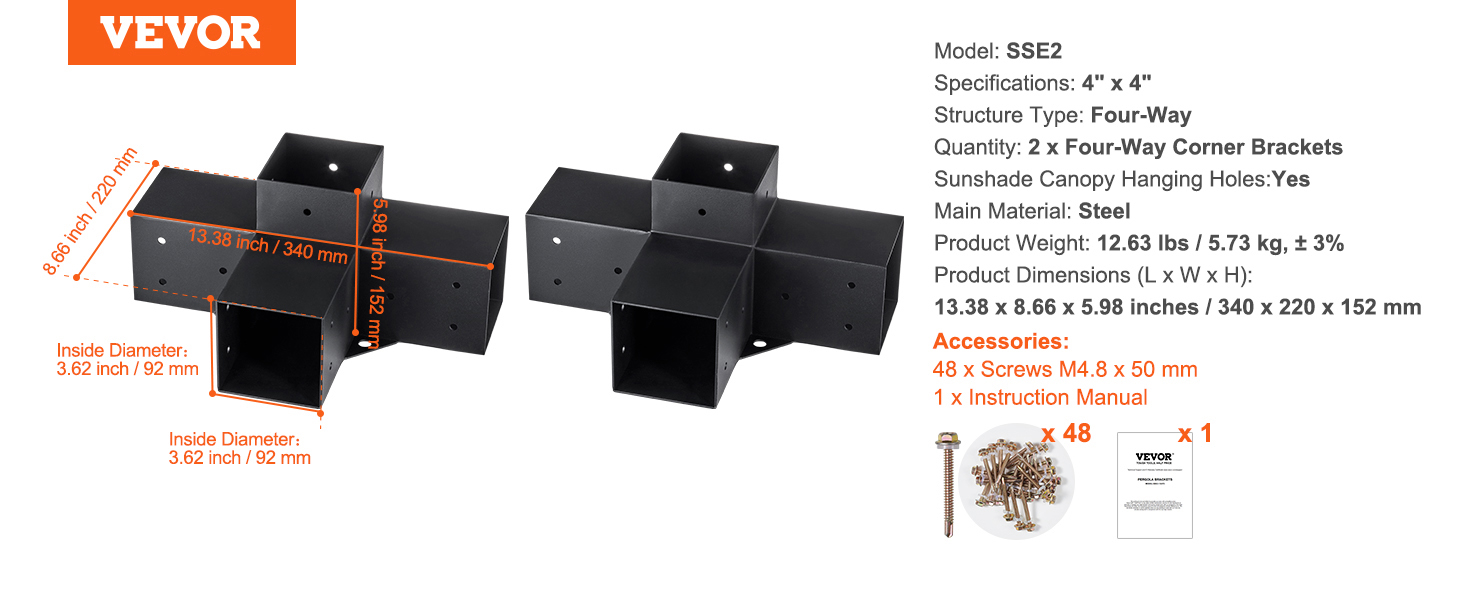 Kit Staffe Per Pergola VEVOR - Per Travi 92x92 Mm, Connettore A 3 Vie, Viti Incluse, Confezione Da 2