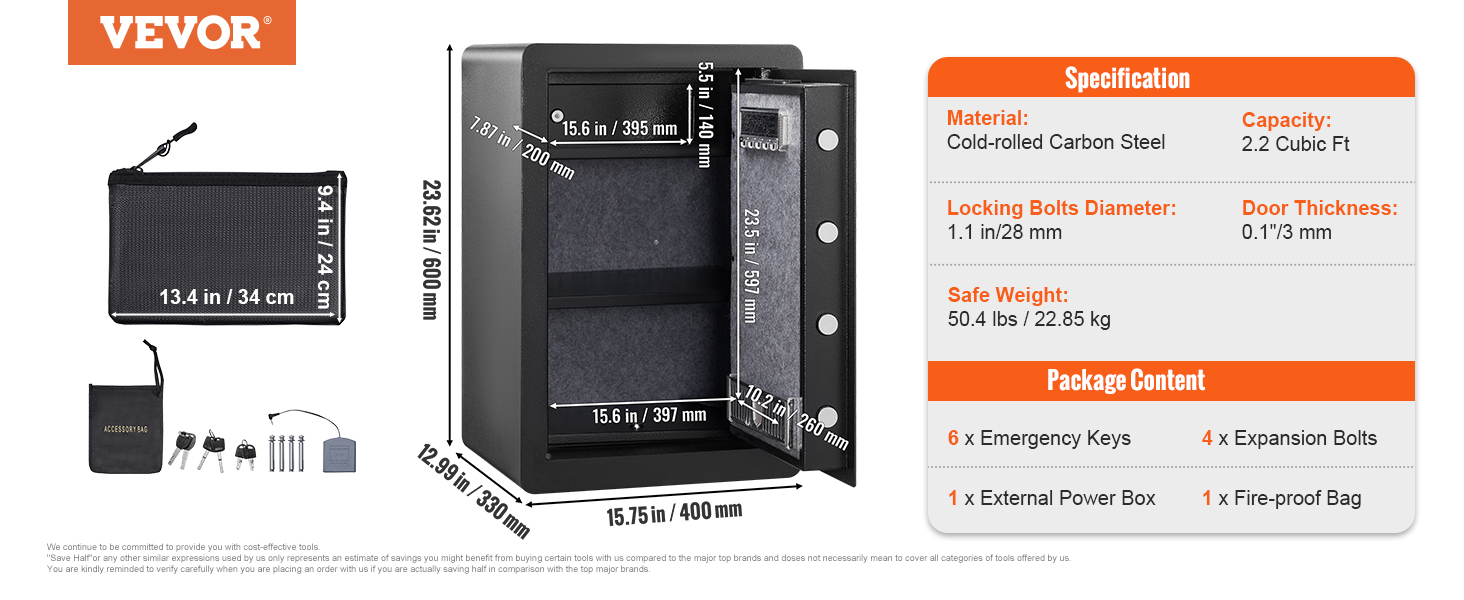 VEVOR home safe dimensions and accessories, with material and capacity details.