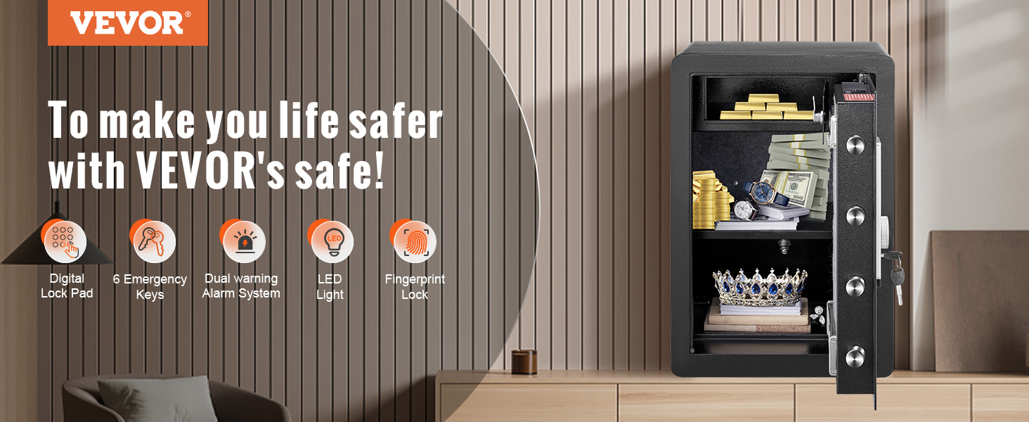 VEVOR home safe with digital lock pad, emergency keys, alarm, led light, and fingerprint lock.