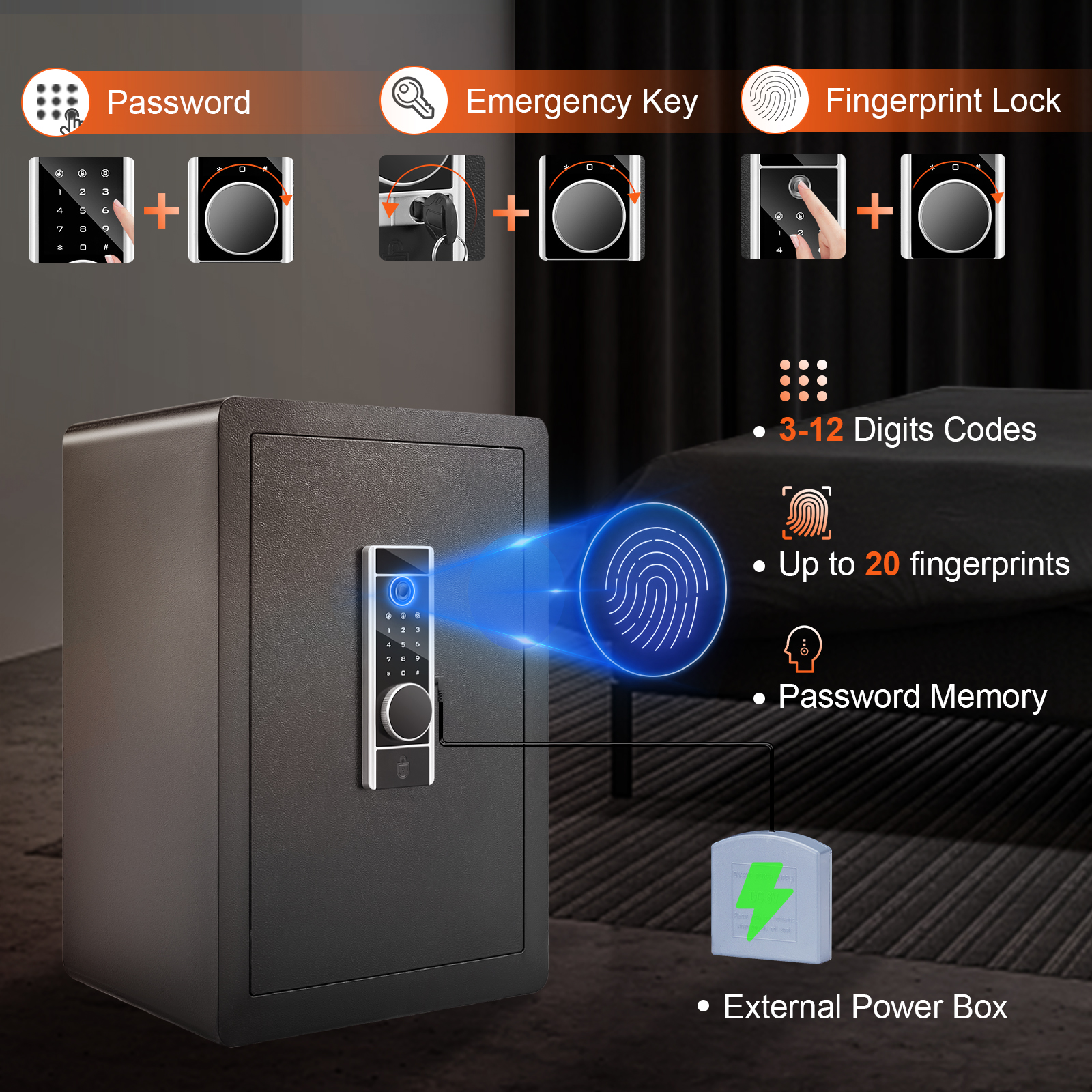 VEVOR home safe with password, emergency key, fingerprint lock, supports up to 20 fingerprints.