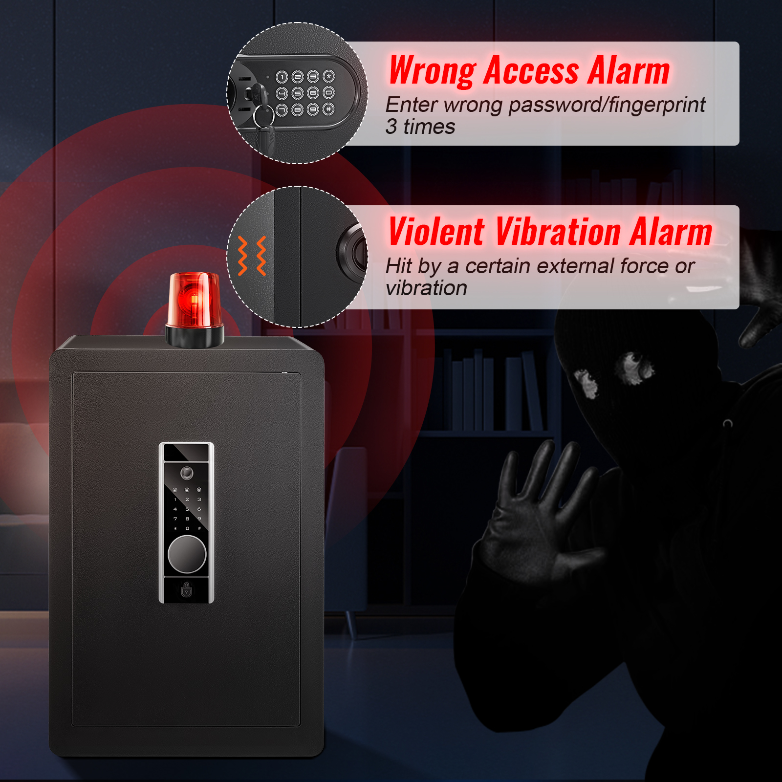 VEVOR home safe with wrong access and violent vibration alarms, burglar in background.