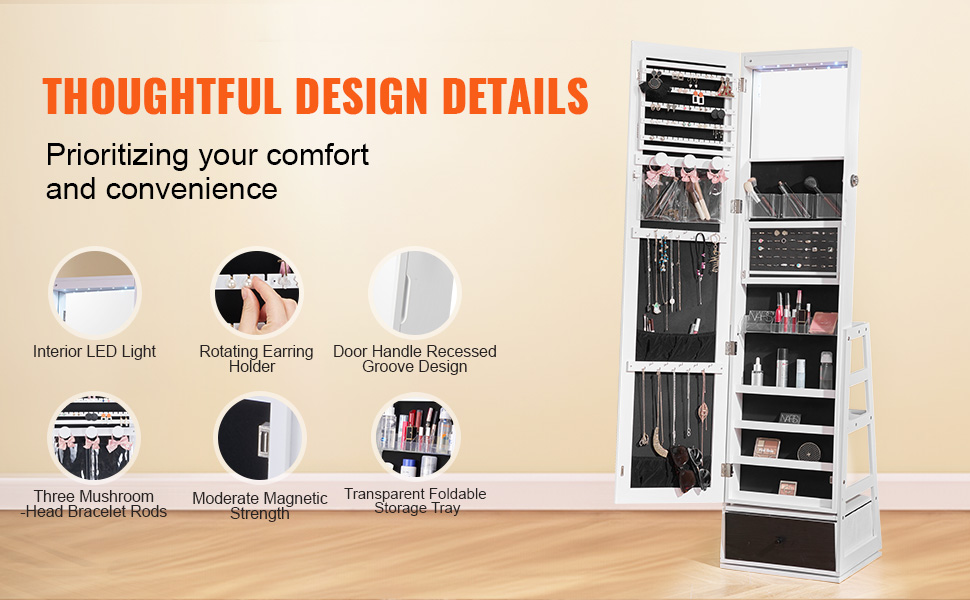 Full Length Mirror Jewelry Cabinet With LED Lights & Storage - 360° Swivel Standing Armoire With Makeup Shelf, Drawer, And Shelves (Brown)