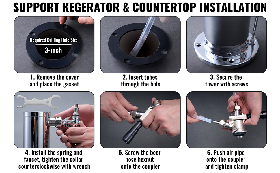 VEVOR Kegerator-toren-kit, enkele tap kraan-bierombouwset, roestvrijstalen biertoren tapsysteem met dubbele meter W21.8-regelaar en A-systeem vatkoppeling, bierdruppelbak voor feestjes thuis