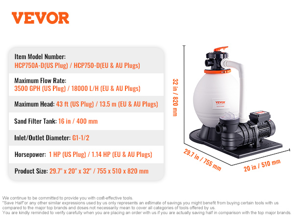 VEVOR Sand Filter Pump for Above Ground Pools, 16-inch, 3500 GPH, 1 HP ...