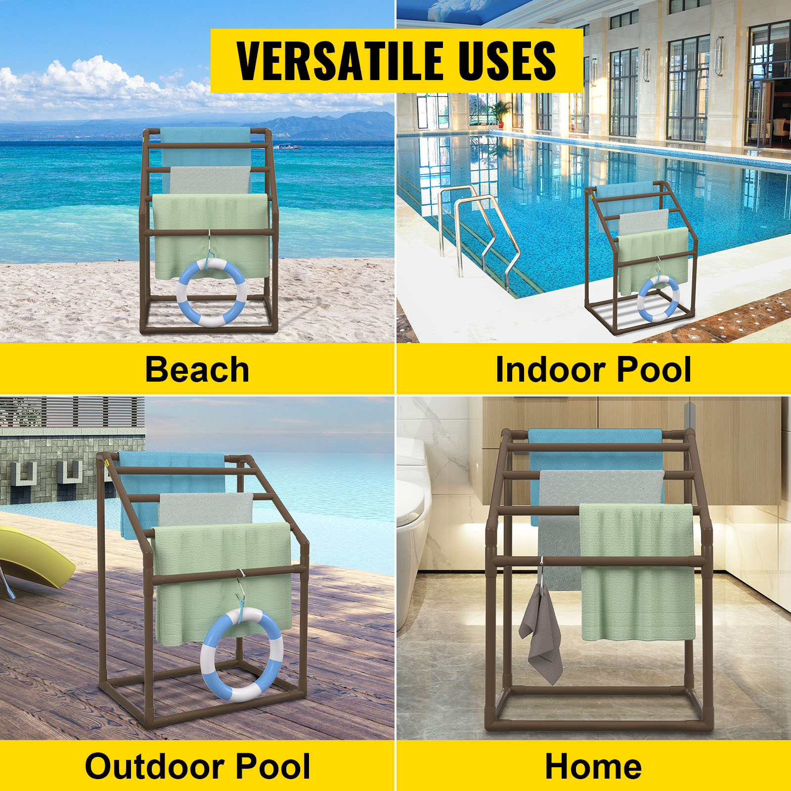 VEVOR Pool Towel Rack, 5 Bar, Brown, Freestanding Outdoor PVC ...