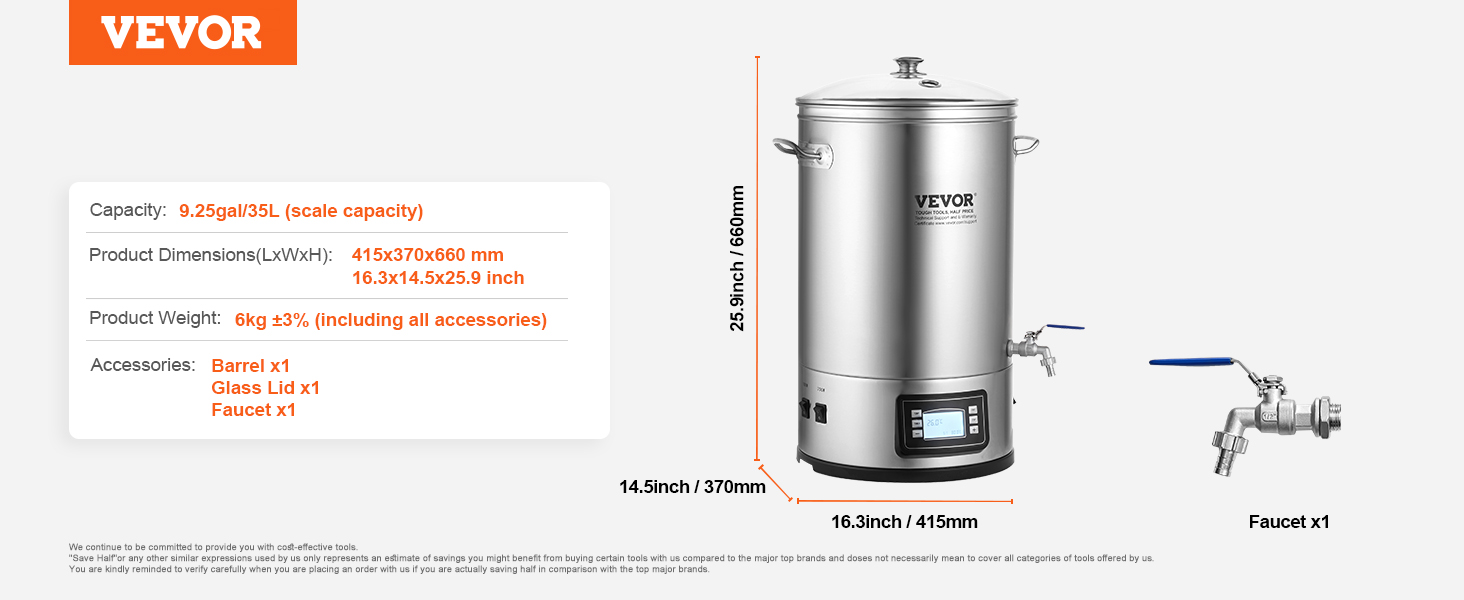 VEVOR electric brewing system with 35l capacity, digital display, faucet, and detailed dimensions.