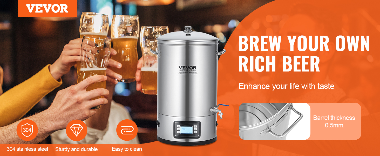 VEVOR electric brewing system, 304 stainless steel, sturdy, durable, easy to clean, brew your own beer.