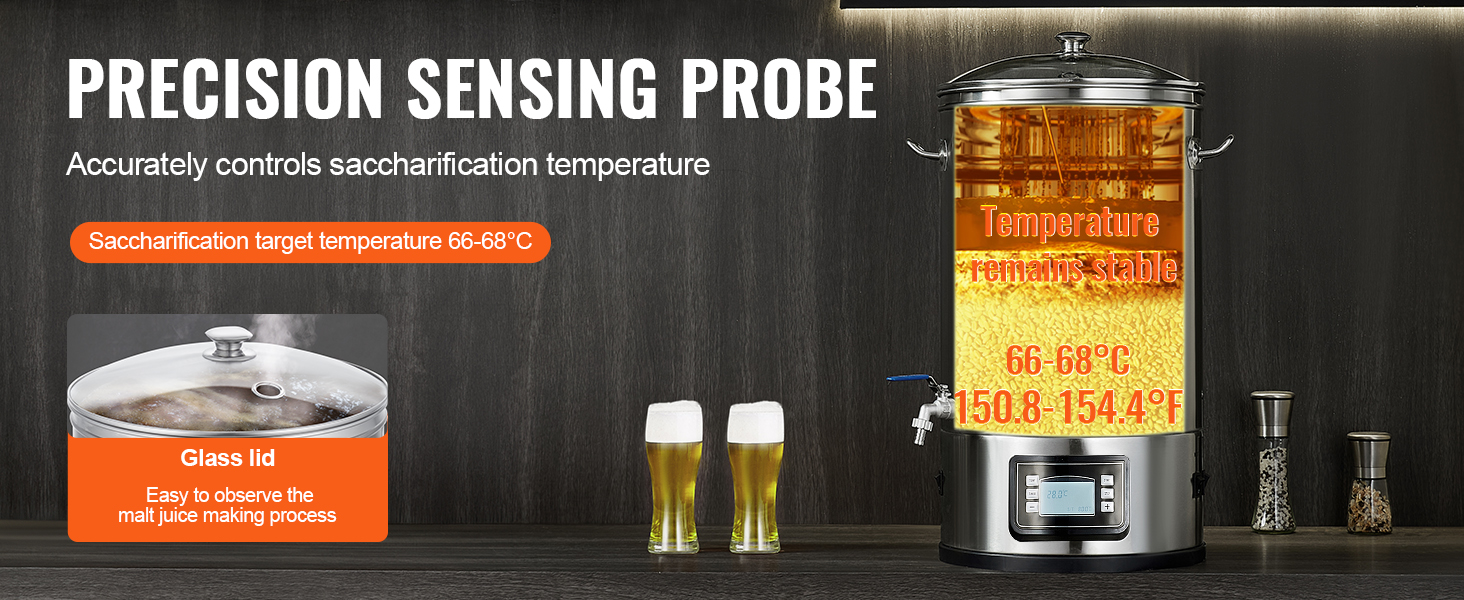 VEVOR electric brewing system with precision sensing probe, stable temperature, and glass lid for monitoring.