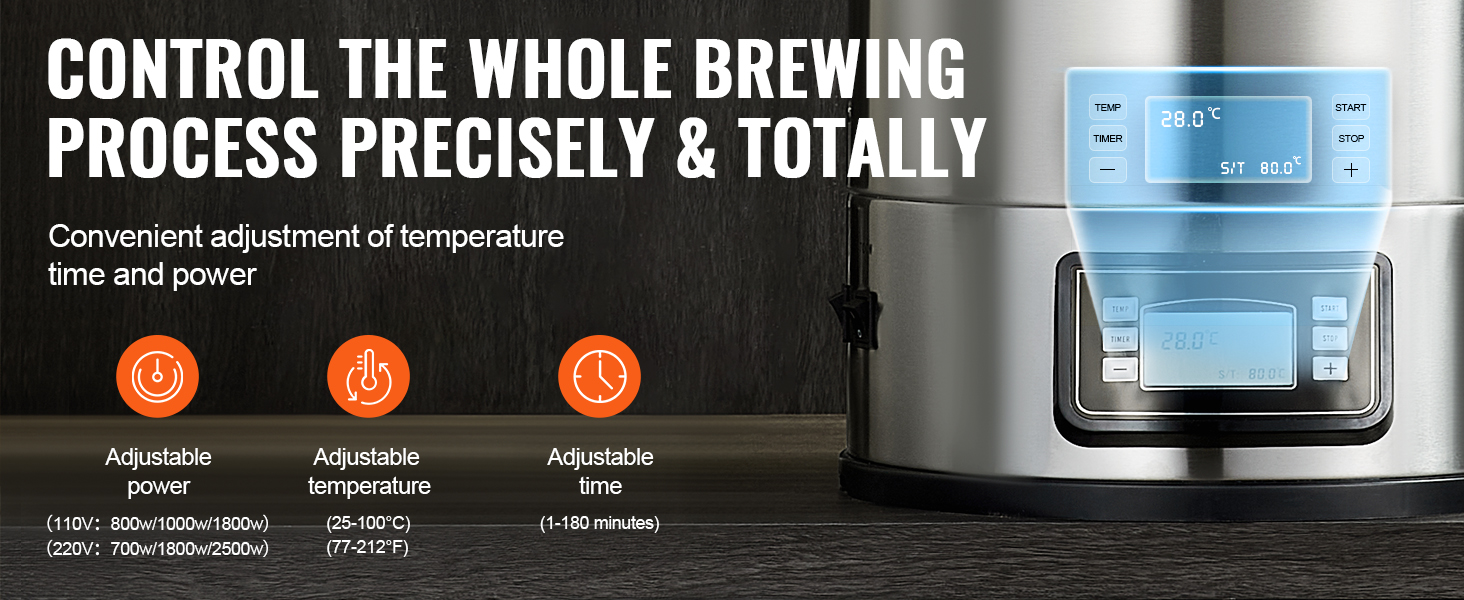 VEVOR electric brewing system with adjustable power, temperature (25-100°c), and time (1-180 mins).
