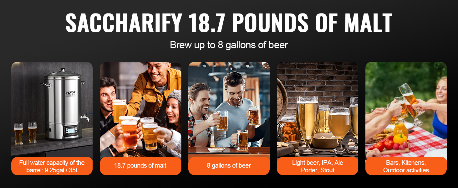 VEVOR electric brewing system, brewing beer, full water capacity 9.25gal, 18.7 pounds of malt.