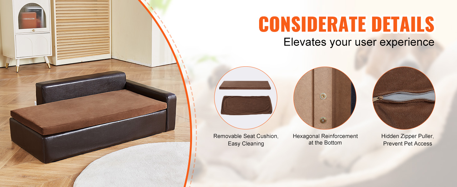 VEVOR dog couch with removable cushion, hexagonal reinforcement, and hidden zipper puller.