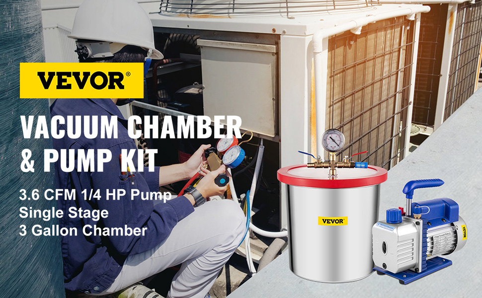 hvac technician using VEVOR vacuum pump hvac kit with chamber near ac units.