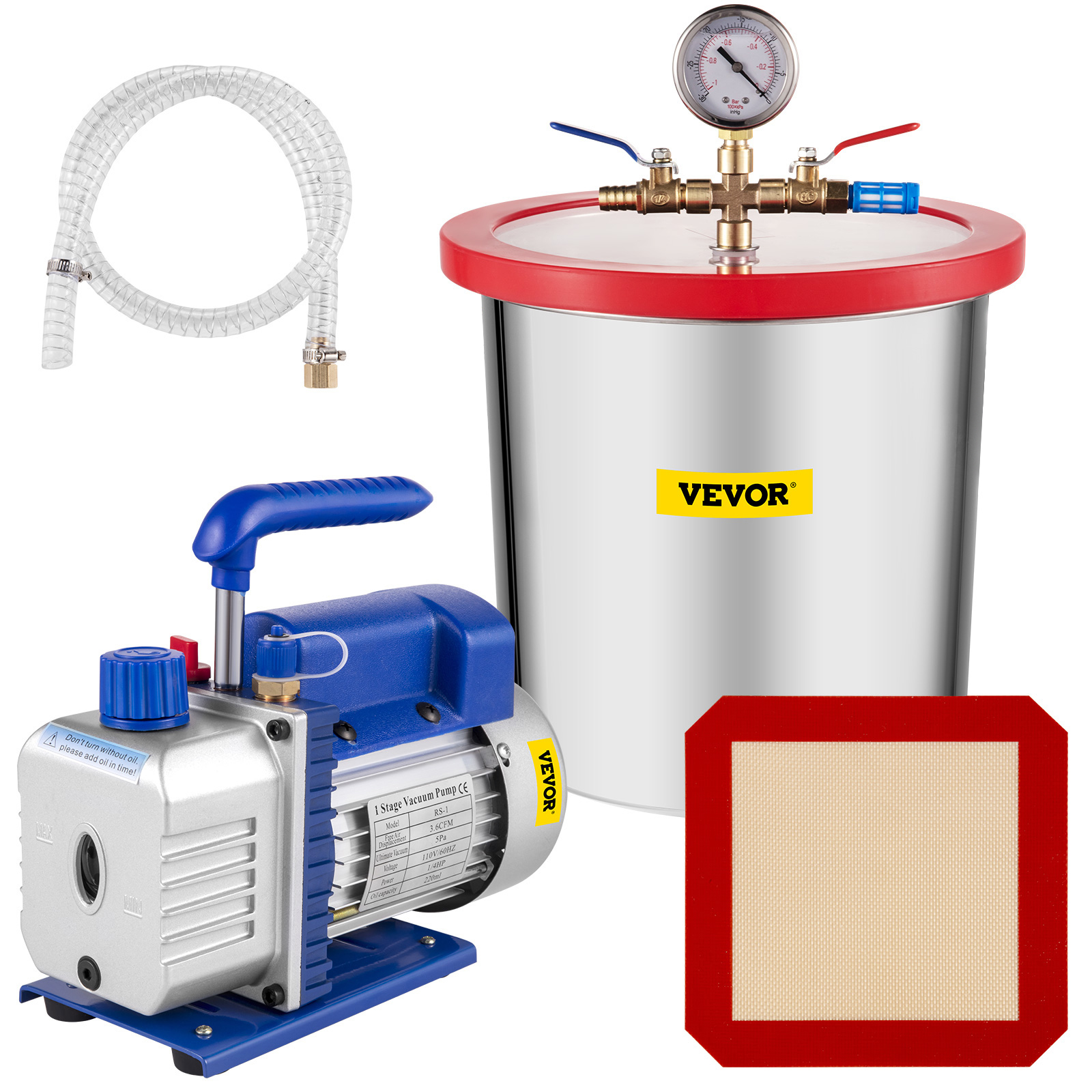 VEVOR vacuum pump hvac kit with hose, gauge, and filter components.