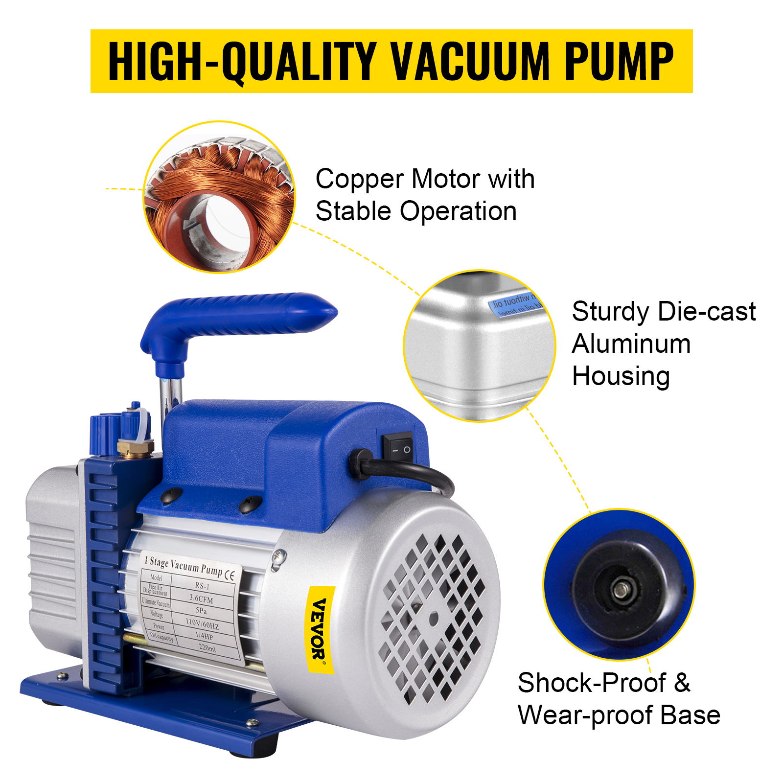 VEVOR vacuum pump hvac kit with copper motor and die-cast aluminum housing.