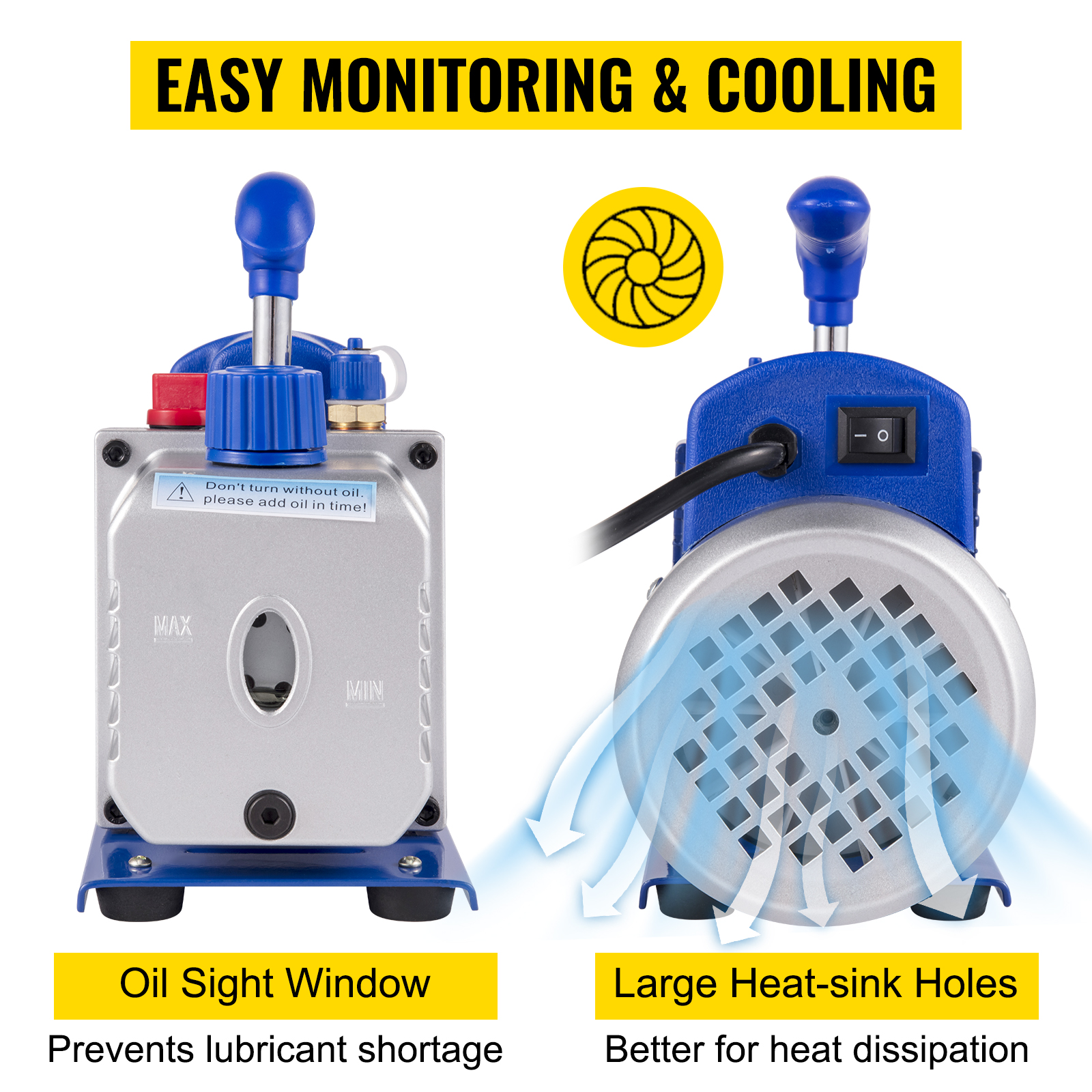 VEVOR vacuum pump hvac kit with oil sight window and large heat-sink holes.