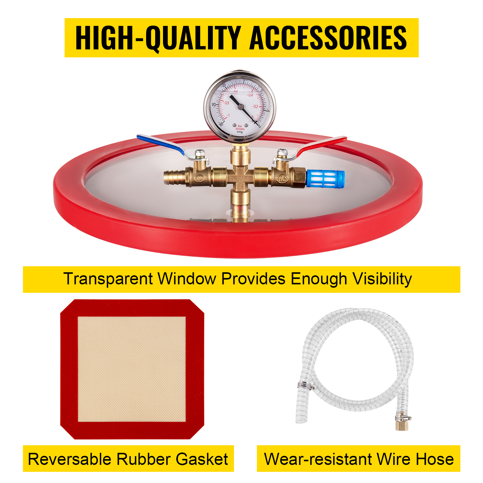 VEVOR vacuum pump hvac kit with transparent window, rubber gasket, and wire hose.