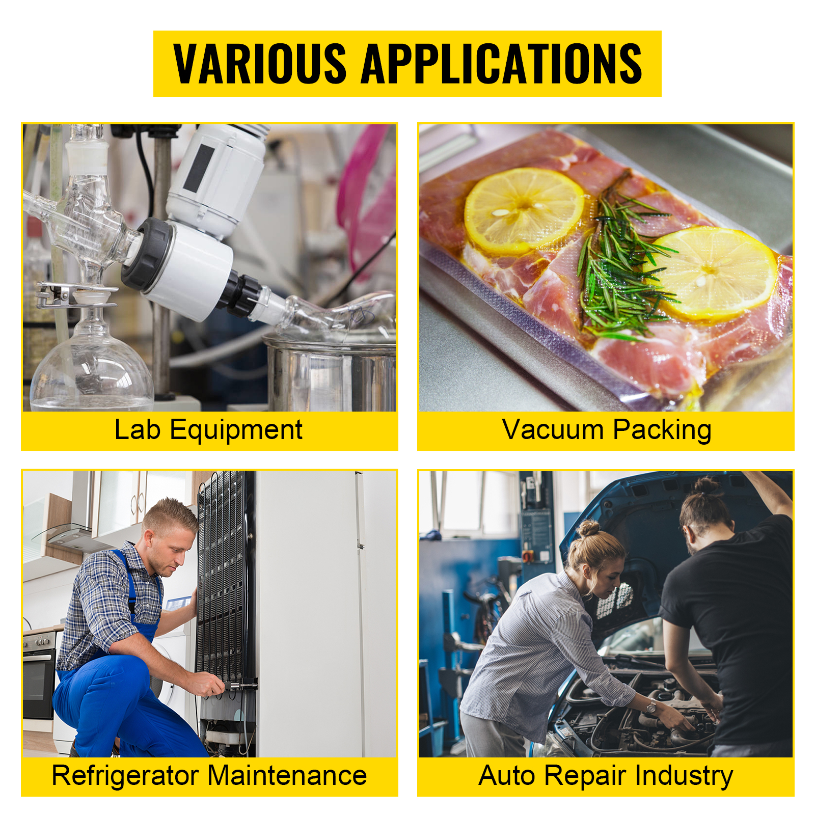 various applications of VEVOR vacuum pump hvac kit in lab, vacuum packing, fridge, auto repair.