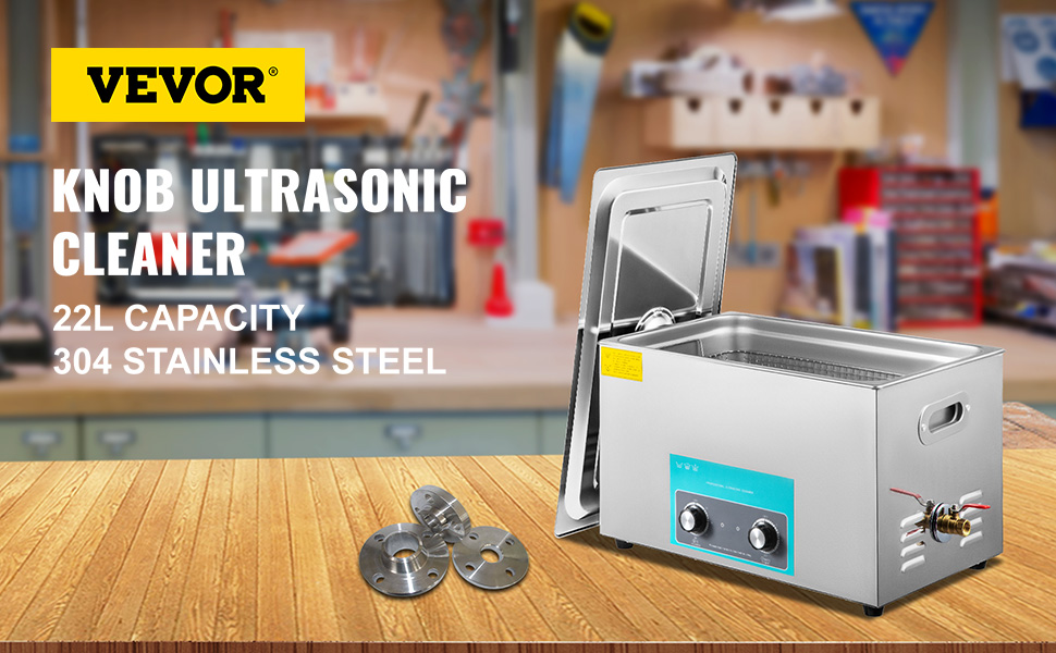 VEVOR ultrasonic cleaner with 22l capacity, 304 stainless steel in a workshop.
