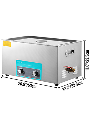 VEVOR ultrasonic cleaner with precise dimensions and control knobs.