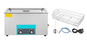 VEVOR ultrasonic cleaner with basket, lid, and accessories, displayed against a white background.