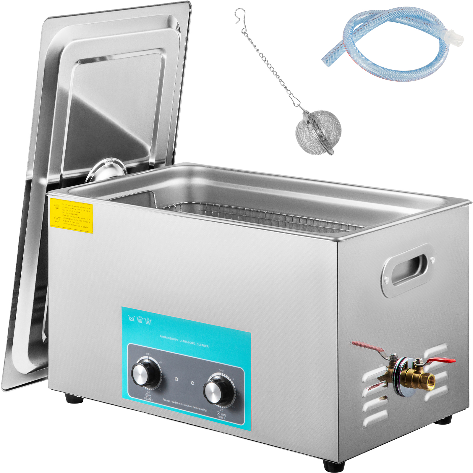 VEVOR ultrasonic cleaner with open lid, control knobs, and included accessories.