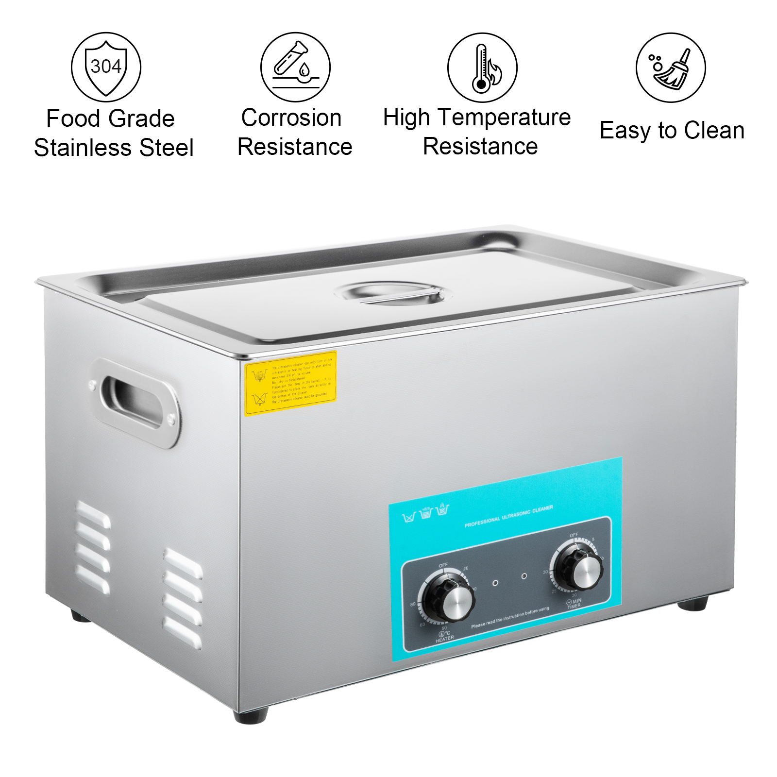 VEVOR ultrasonic cleaner in stainless steel, showcasing high temperature and corrosion resistance.