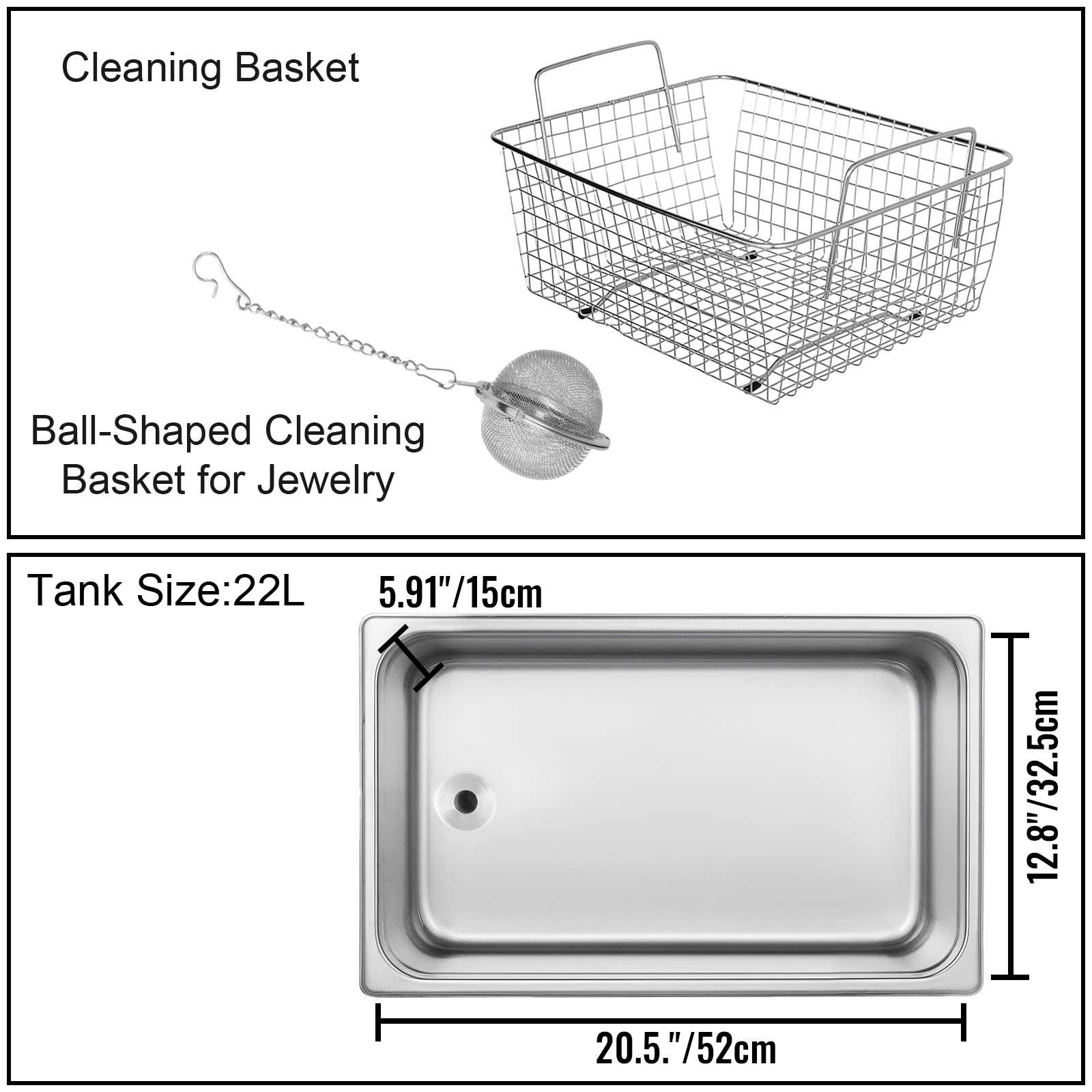 VEVOR ultrasonic cleaner with wire basket, jewelry ball, and 22l tank size dimensions.