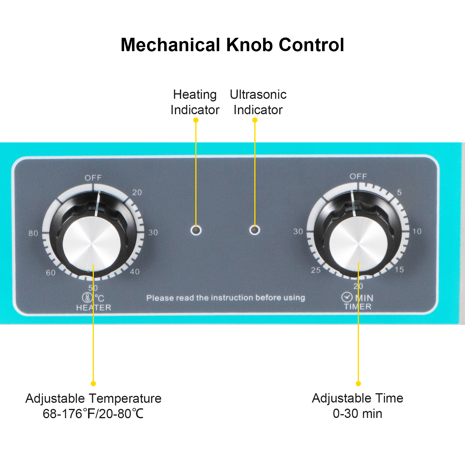 mechanical knob control panel of VEVOR ultrasonic cleaner with adjustable temperature and time.