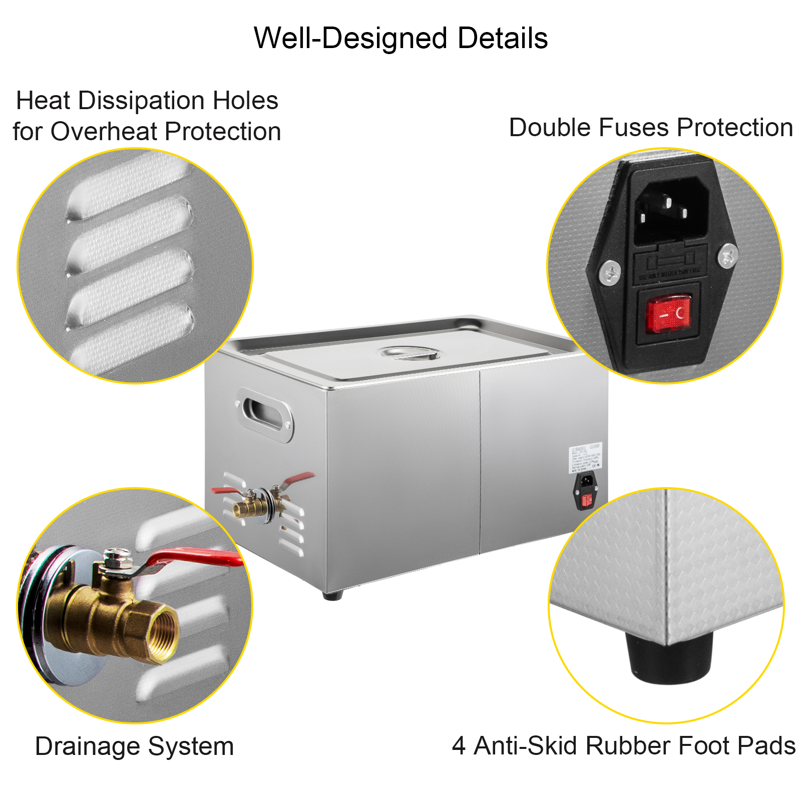 VEVOR ultrasonic cleaner with heat dissipation, drainage, and anti-skid rubber pads.