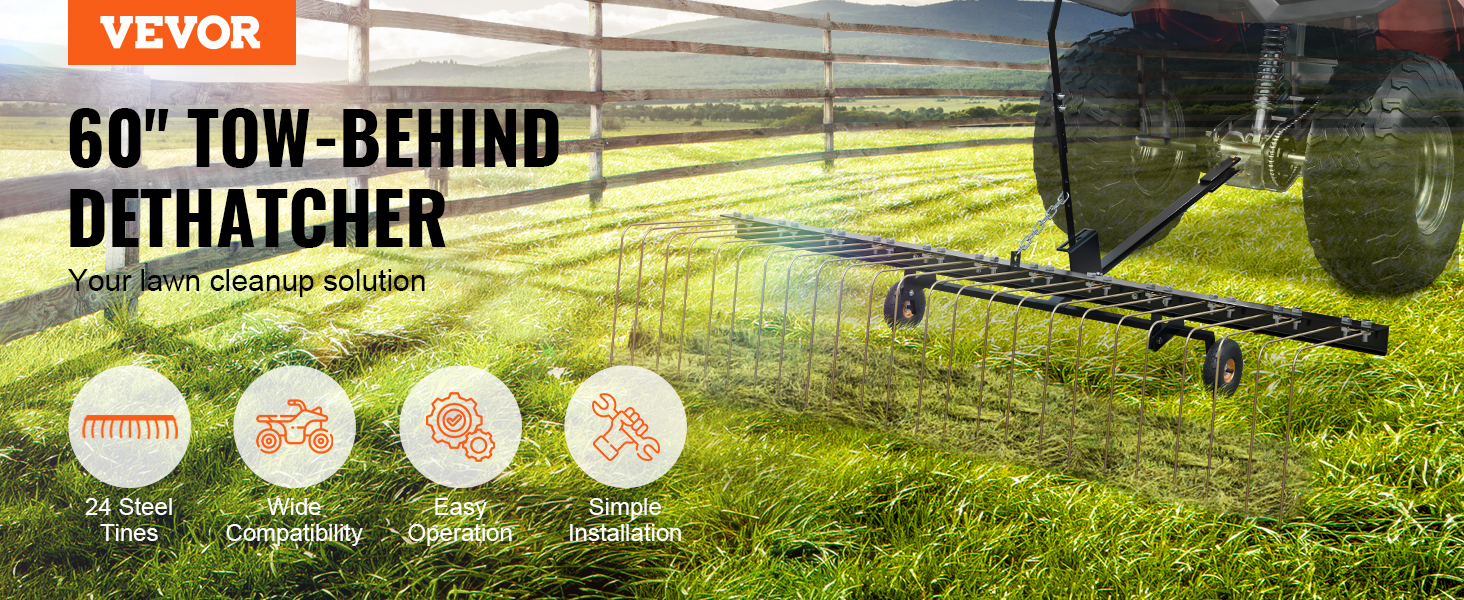 VEVOR tow behind dethatcher in a field, features 24 steel tines, wide compatibility, and easy operation.