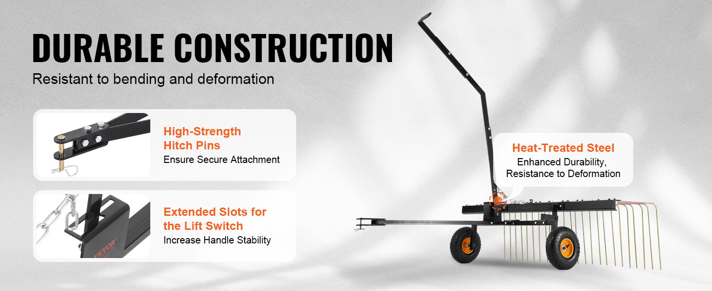 durable VEVOR tow behind dethatcher with hitch pins, lift switch slots, and heat-treated steel frame.