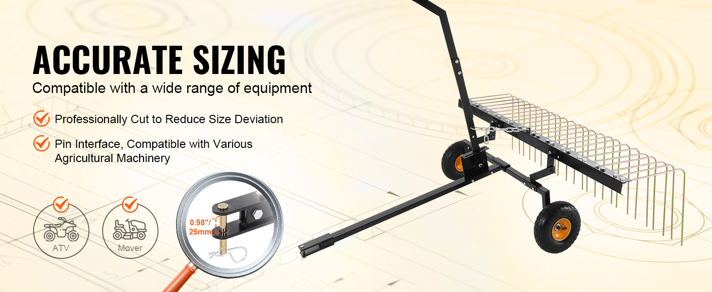 VEVOR tow behind dethatcher with pin interface, compatible with atv and mover, for accurate sizing.