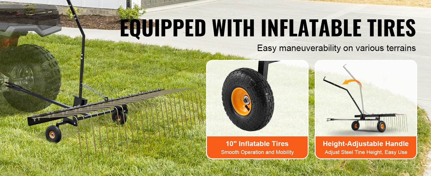 VEVOR tow behind dethatcher with 10" inflatable tires and height-adjustable handle for easy lawn care.