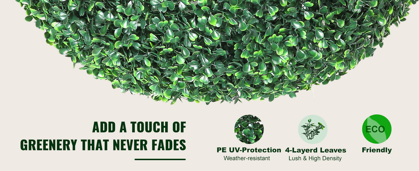 Piante topiarie artificiali VEVOR verdi con protezione UV, foglie a 4 strati, caratteristiche ecologiche.
