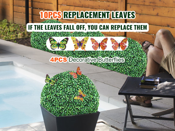 Piante topiarie artificiali VEVOR esposte con 10 foglie sostitutive e 4 farfalle decorative a bordo piscina.