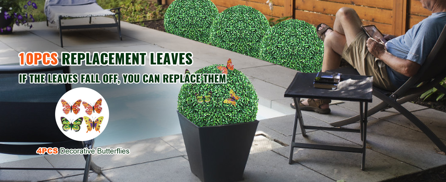 Piante topiarie artificiali VEVOR esposte con 10 foglie sostitutive e 4 farfalle decorative a bordo piscina.