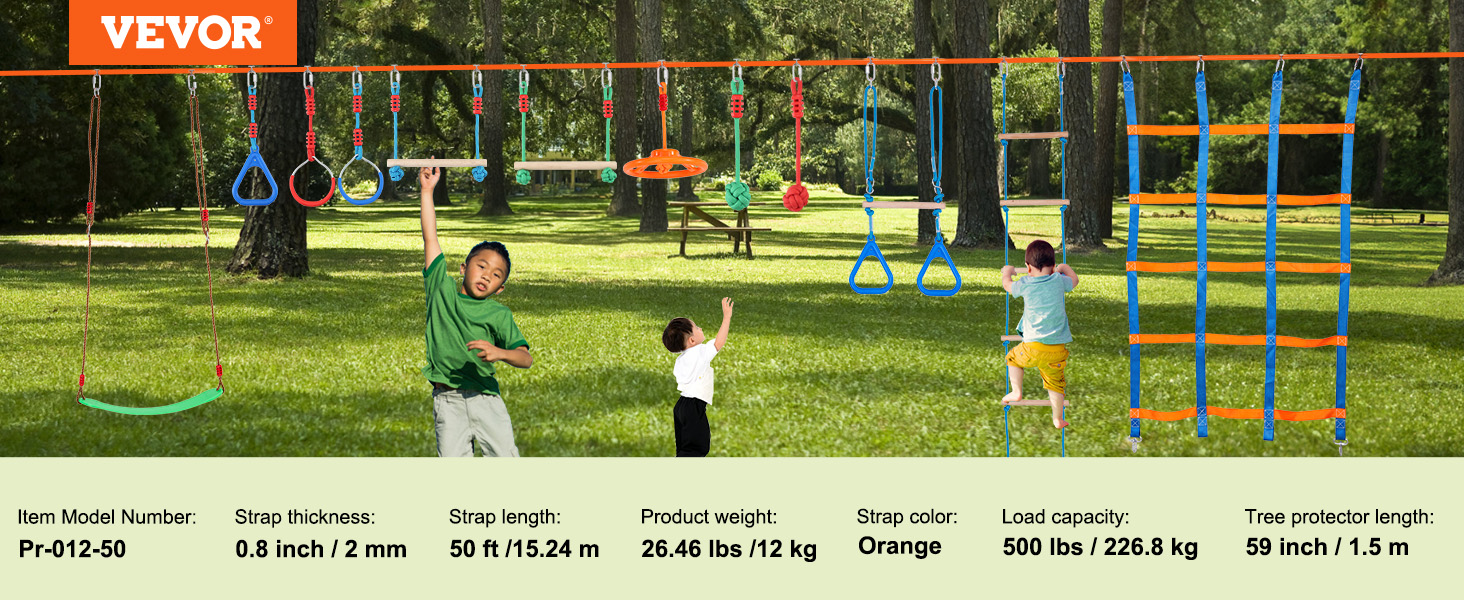 VEVOR ninja warrior obstacle course with various hanging obstacles and kids playing in a lush park.