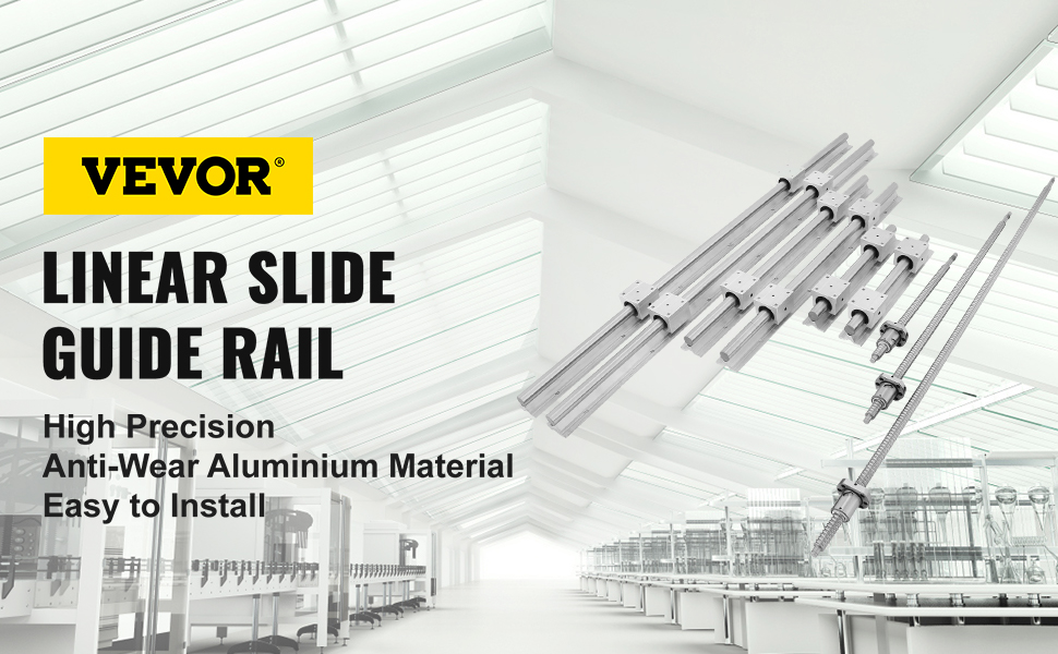 VEVOR lineaire rail cnc-kit in een lichte, moderne industriële omgeving. Zeer nauwkeurige opstelling.