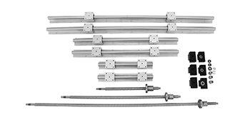 Onderdelen van de VEVOR lineaire rail cnc-kit, inclusief rails, schroeven en montageblokken.
