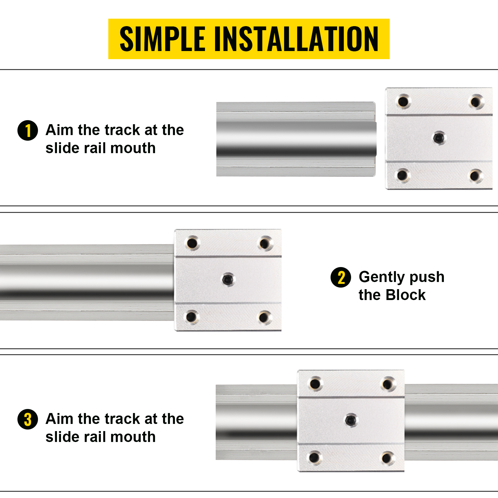 Installatiehandleiding voor de VEVOR lineaire rail cnc-kit met drie eenvoudige stappen.
