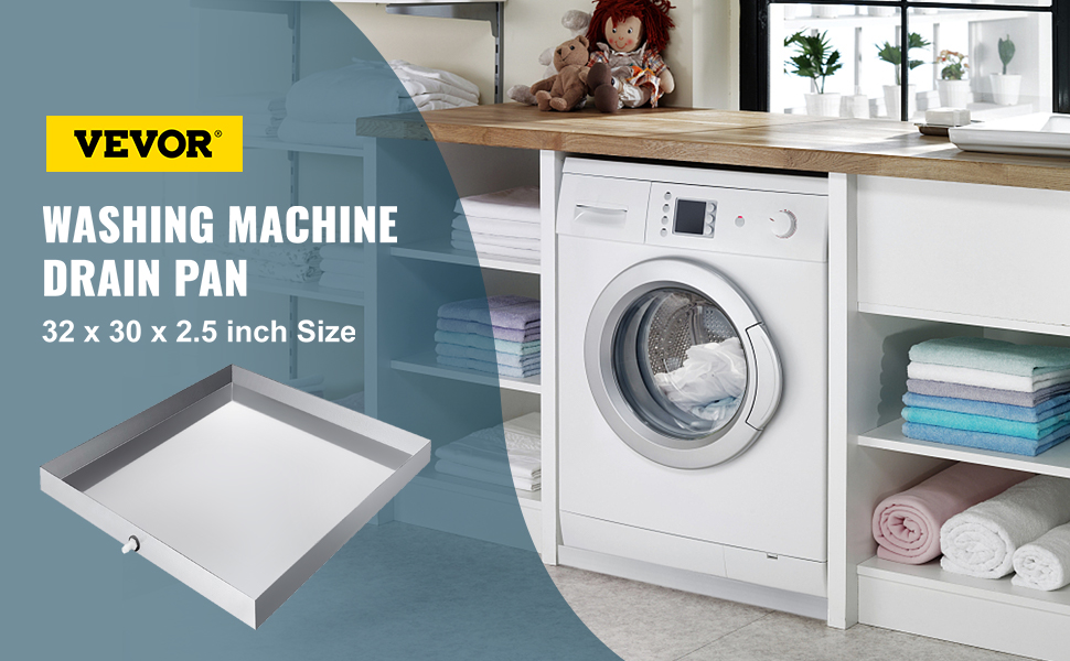 VEVOR washing machine pan in laundry room with shelving and folded towels in background.