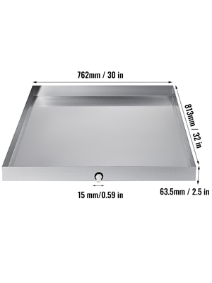 stainless steel VEVOR washing machine pan with dimensions and drainage hole.