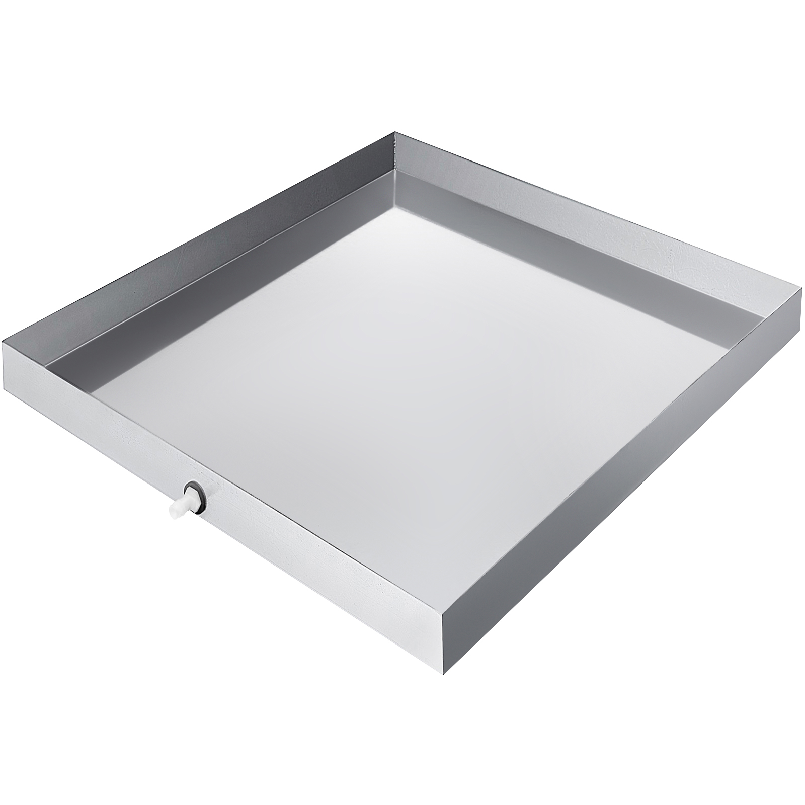stainless steel VEVOR washing machine pan with side drain.